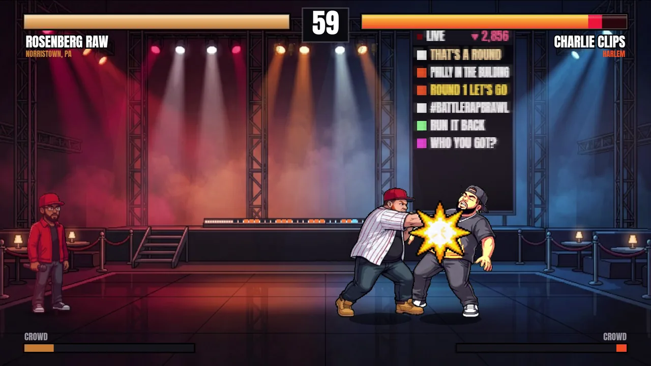 Two battlers squaring up on the stage